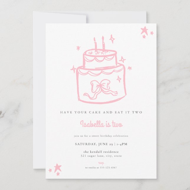 Girls Pink Cake 2. Geburtstag Einladung (Vorderseite)