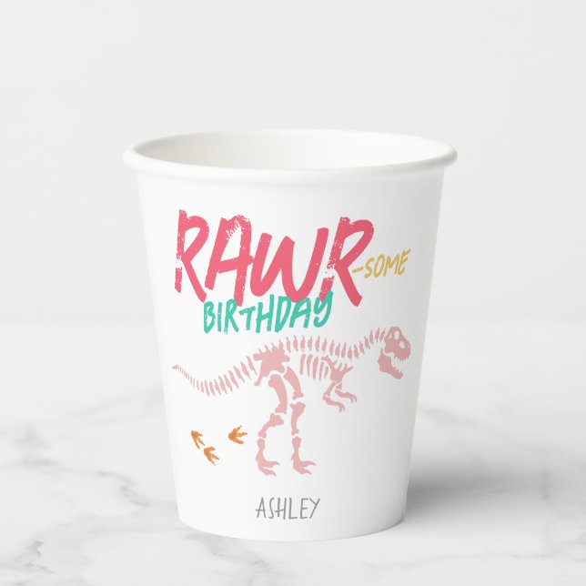 Girls Pink Dinosaur Dig Kinder Niedliche Geburtsta Pappbecher (Vorderseite)