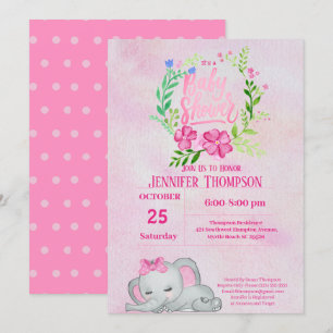 Girls Pink Elephant Baby Dusche Einladung