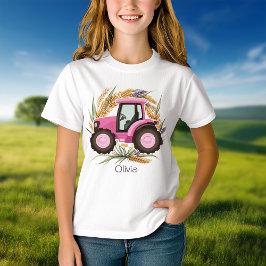 Girls Pink Farm Tractor Personalisiert Girls T-Shirt