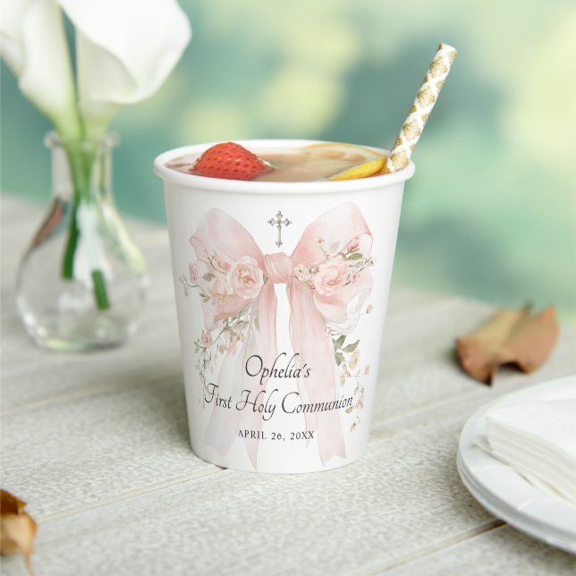 Girl's Pink First Communion Floral Bow Pappbecher (In Situ)