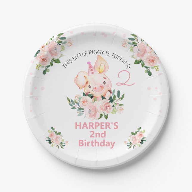 Girls Pink Floral Dieses kleine Schweine Geburtsta Pappteller (Vorderseite)