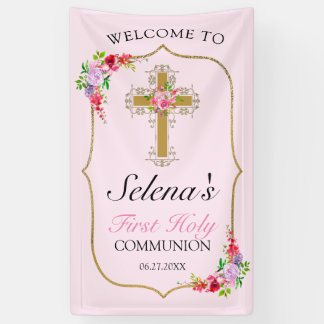 Girls Pink Floral First Heilige Kommune Willkommen Banner