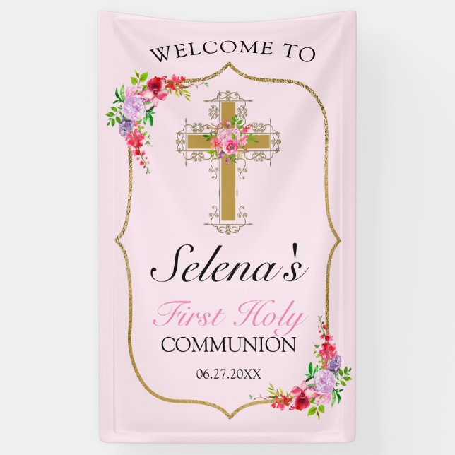 Girls Pink Floral First Heilige Kommune Willkommen Banner (Vertikal)