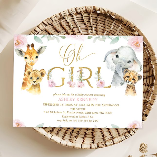 Girls Pink Floral Safari Kinderdusche Einladung (Safari Baby Shower Invitation Template For Girl, Floral Safari Animals Baby Shower Invitation, )