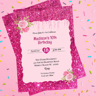 Girls Pink Glitzer Floral 10. Geburtstagsparty Einladung