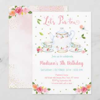 Girls Pink Gold Floral Tee Party Geburtstag Einladung