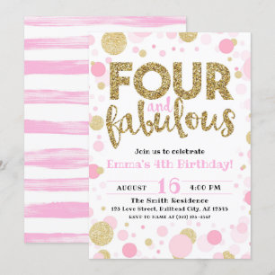 Girl's Pink & Gold Vier & Fabulous 4. Geburtstag Einladung