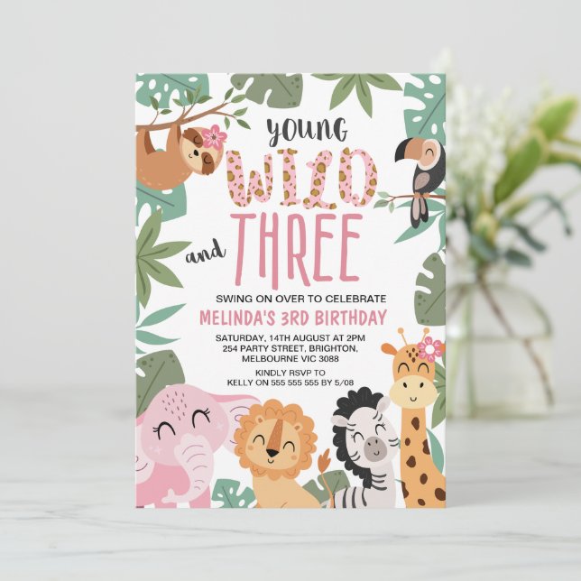 Girls Pink Green Young Wild Three 3rd Birthday Einladung (Stehend Vorderseite)