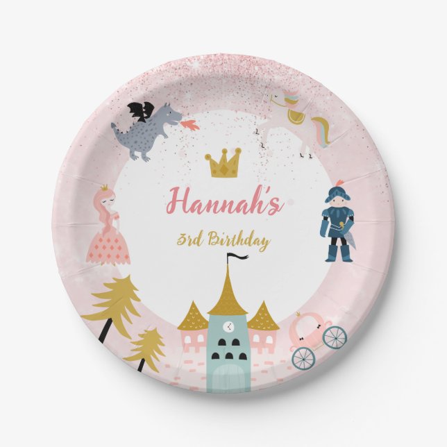 Girls Pink Magical Princess Burg Geburtstag Pappteller (Vorderseite)