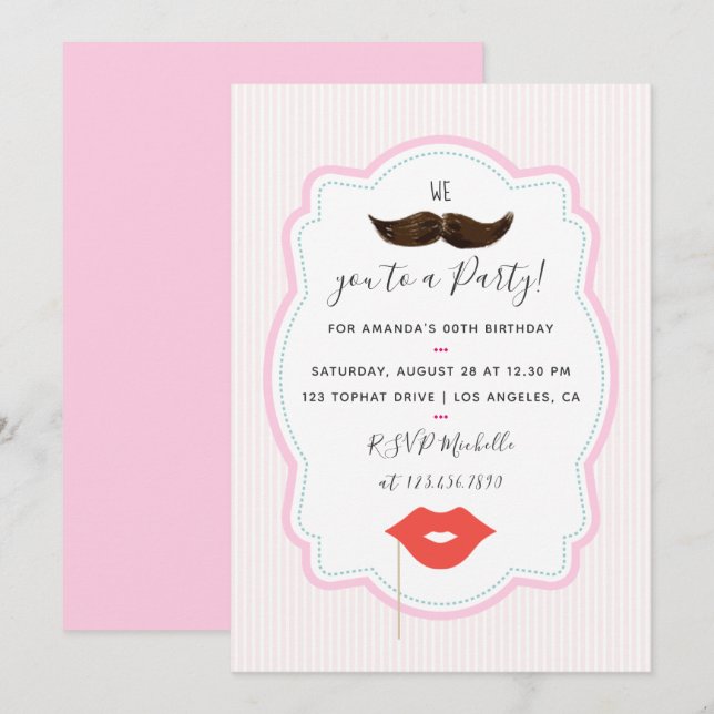 Girls Pink Mustache Party Einladung (Vorne/Hinten)