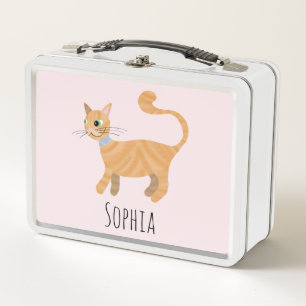 Girls Pink Niedlich Ginger Tabby Cat Cartoon Kinde Metall Brotdose