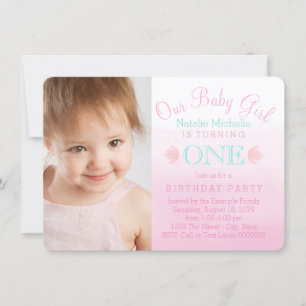Girls Pink Ombre Erste Geburtstagsparty Einladung
