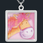 Girls pink orange niedlich Pony Art Halskette<br><div class="desc">Sterling Silver Plate schöne rosa und orange Kinder Pony whimiscal Kunst Halskette. Einzigartig entworfen und in Aquarellfarbe gemalt von Sarah Trett www.sarahtrett.com für www.mylittleeden.com</div>