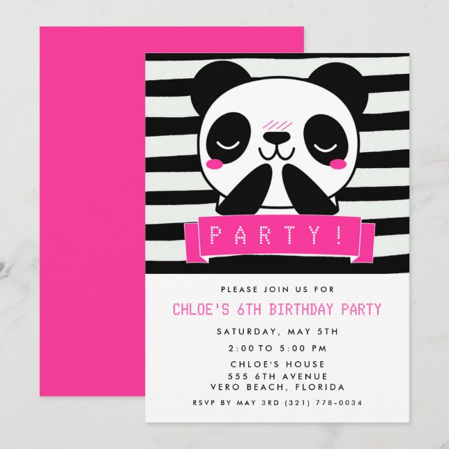 Girl's Pink Panda 6. Geburtstagsparty Einladung (Vorne/Hinten)