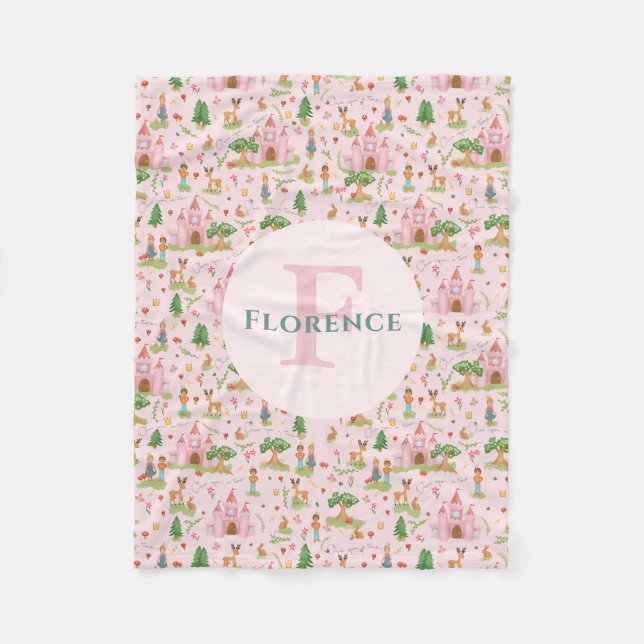 Girls Pink Princess Mairytale Story Kids Monogram Fleecedecke (Vorderseite)