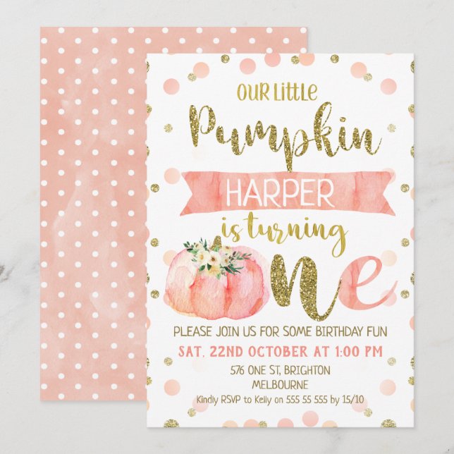 Girls Pink Pumpkin Erster Geburtstag Einladung (Vorne/Hinten)