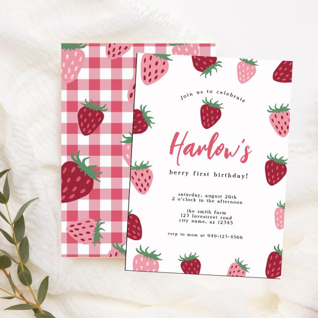 Girl's Pink & Red Strawberry Berry erster Geburtst Einladung (Von Creator hochgeladen)