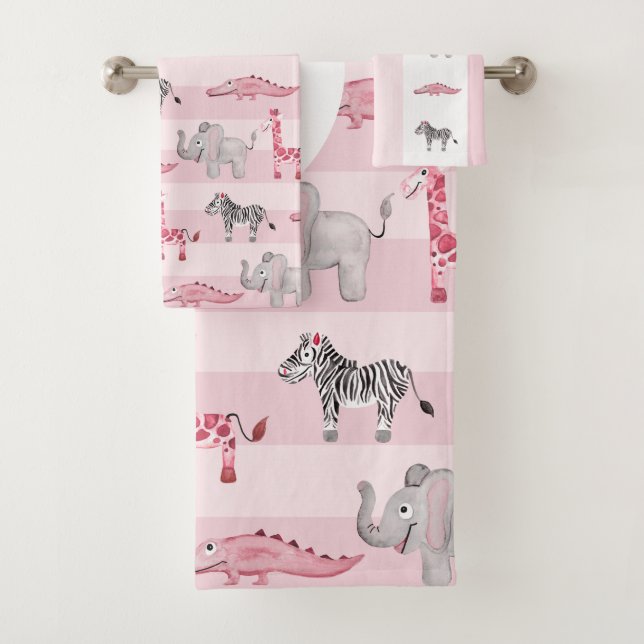 Girl's Pink Safari Tiermuster & Name Kids Badhandtuch Set (Insitu)