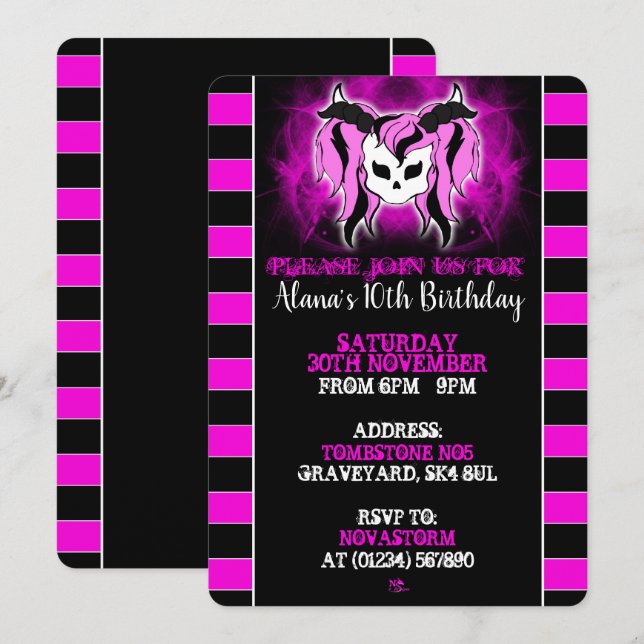 Girls Pink Skull Einladungen zum Geburtstag (Vorne/Hinten)