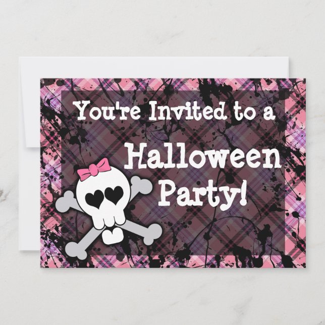 Girl's Pink Skull Halloween-Party Einladung (Vorderseite)