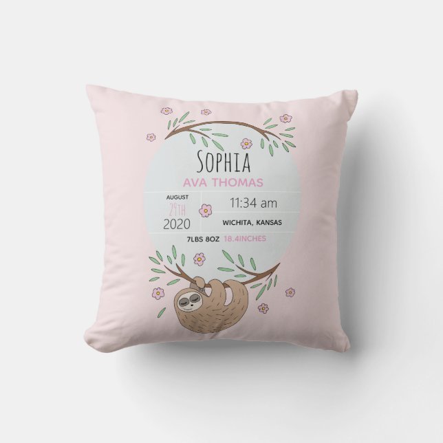 Girls Pink Sleeping Sloth Birth Stats Kinderzimmer Kissen (Vorderseite)
