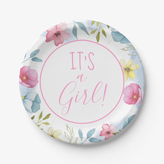Girls Pink Spring Floral Baby Dusche Pappteller (Vorderseite)