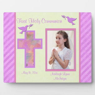 Girl's Pink Striped First Holy Comunion Plaque Fotoplatte