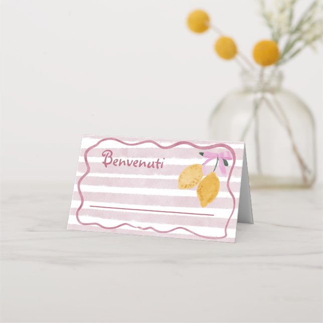 Girls Pink Stripes Lemon Watercolor Name Platzkarte (Vorderseite)