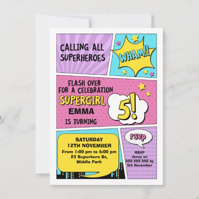 Girls Pink Superhero 5. Geburtstag Einladung (Vorderseite)