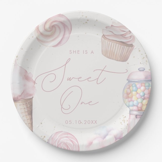 Girls' Pink Sweet One Candy Ice Creme 1. Geburtsta Pappteller (Vorderseite)