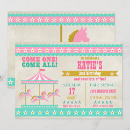Girl's Pink Turquoise Gold Carousel Party Einladung