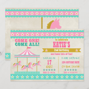 Girl's Pink Turquoise Gold Carousel Party Einladung