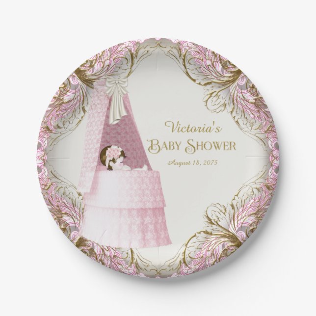 Girls Pink und Gold Bassinet Baby Dusche Pappteller (Vorderseite)