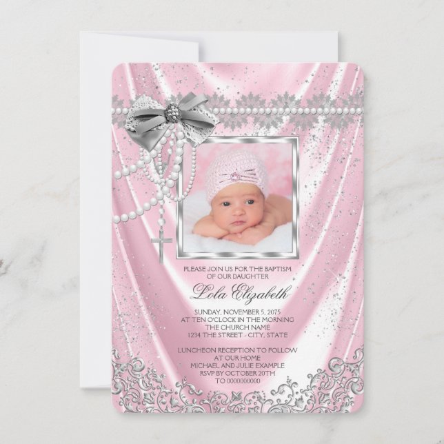 Girls Pink und Silver Foto Taufe Einladung (Vorderseite)