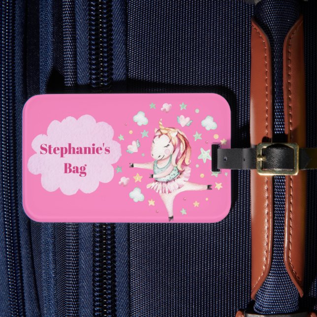 Girls Pink Unicorn Ballerina Kinder Reise Gepäckanhänger (Vorderseite Insitu 4)