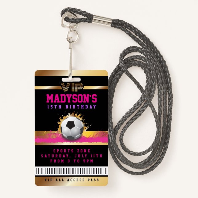 Girls Pink VIP SOCCER ALL ACCESS Gold Pass Abzeich Ausweis (Vorderseite mit Schlüsselband)