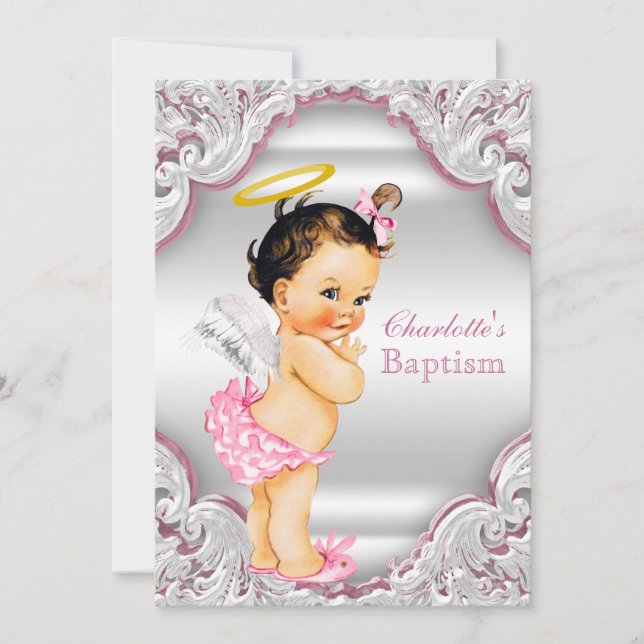 Girls Pink White Angel Girl Baby Taufe Einladung (Vorderseite)