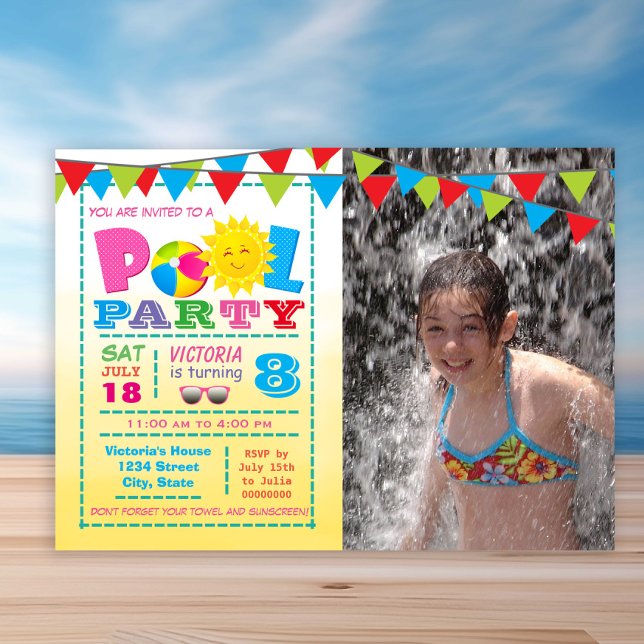Girls Pool Party Einladungen (Cute any number pool birthday party invitation. Simply add your details and photo.)