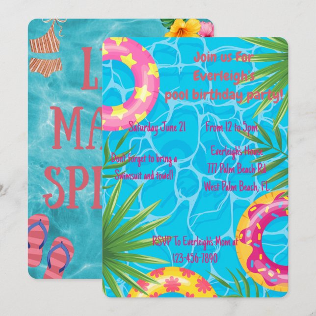 Girls Pool Party Sommer Geburtstag Einladung (Vorne/Hinten)