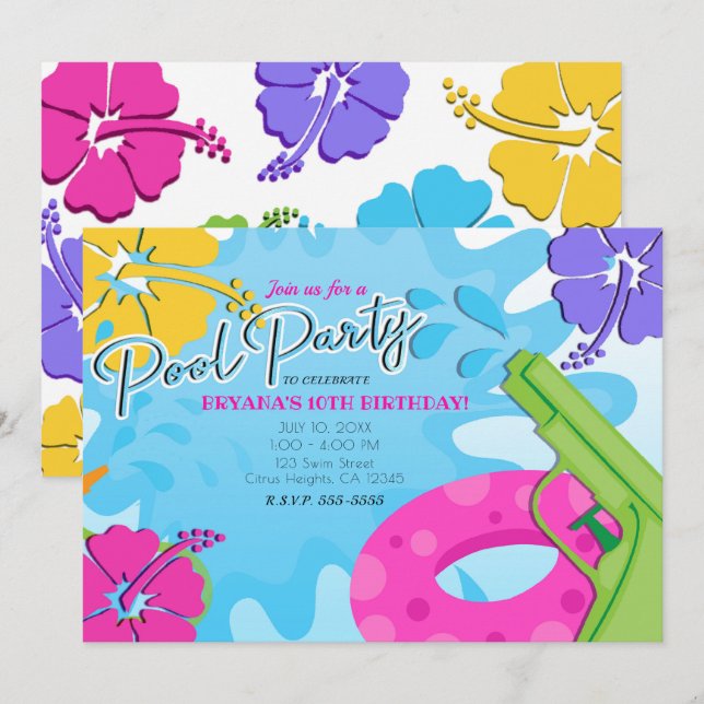 Girls Pool Party Squirt Gun Water Summer Hibiskus Einladung (Vorne/Hinten)