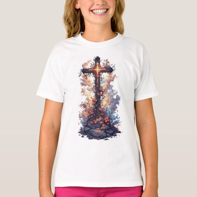 Girl's Pretty Floral Christian Cross Tee Shirt (Vorderseite)