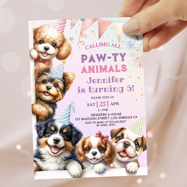 Girls Puppy Lets Pawty 5e anniversaire Invitation (Créateur téléchargé)