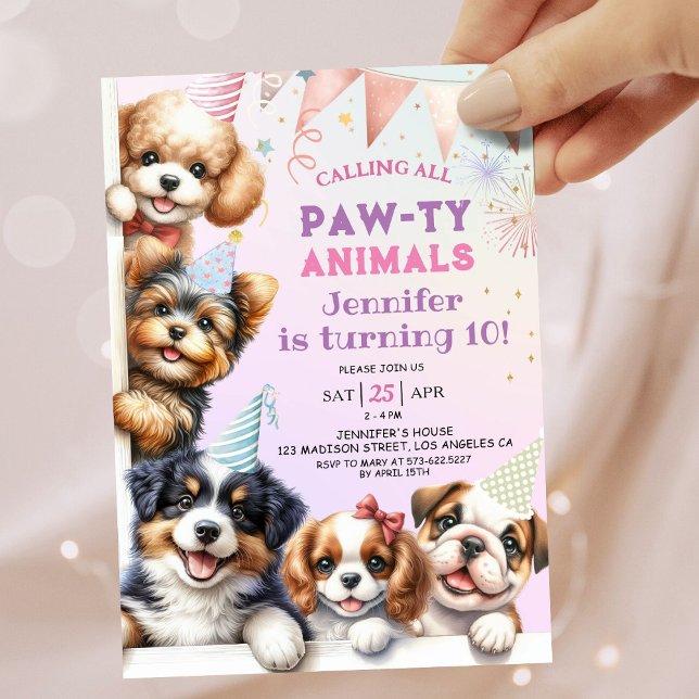 Girls Puppy Lets Pawty Invitation 10e anniversaire (Créateur téléchargé)