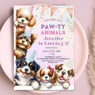 Girls Puppy Pawty Party 5. Geburtstag Einladung