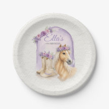 Girls Purple Floral Horse Birthday Paper Plates