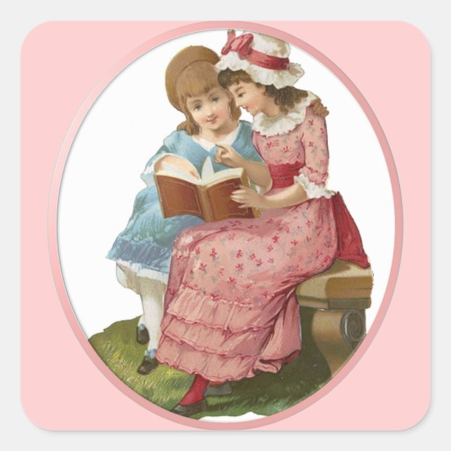 Girls Reading Quadratischer Aufkleber (Vorderseite)