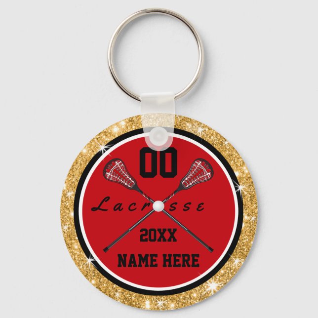 Girls Red und Gold Lacrosse Geschenke, Personalisi Schlüsselanhänger (Vorderseite)