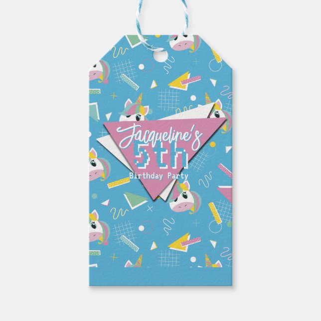 Girls Retro Blue Unicorn Birthday Geschenkanhänger (Vorderseite)