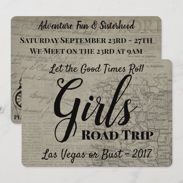 Girls Road Trip Vintage Einladung (Vorne/Hinten)